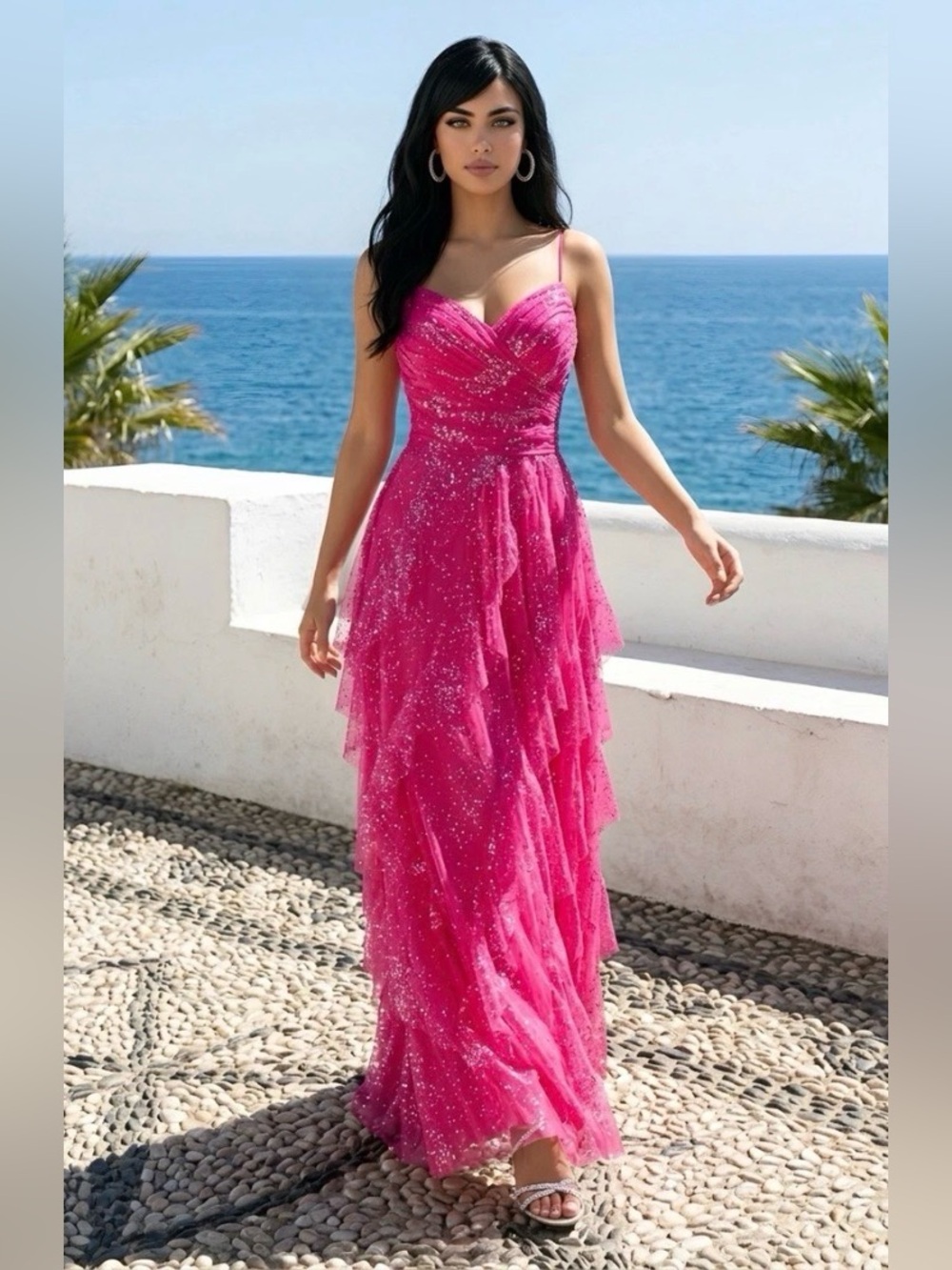 Hailey Logan Adrianna Papell Raspberry Mesh & Silver Sparkle Tiered Maxi Dress